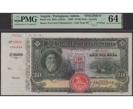 Banco Nacional Ultramarino, Angola, printers’ archival specimen 10 Mil Reis, 1 March 1909, serial number range 120001 to 1400