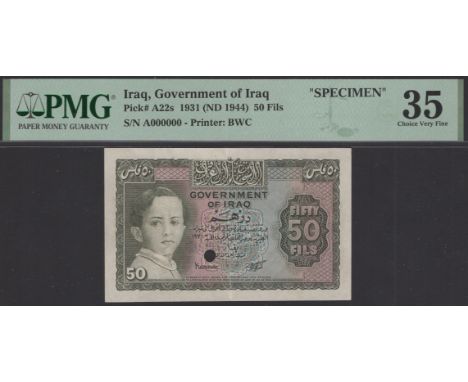 Government of Iraq, specimen 50 Fils, 1931 (1944), serial number A000000, single cancellation hole, olive green on multicolou