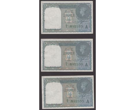 Government of India, 1 Rupee (3), 1940, serial numbers P/1 842315, 54, 55, first with minor bend, about uncirculated, otherwi