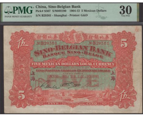 Banque Sino-Belge/Sino-Belgian Bank, 5 Mexican dollars, Shanghai, 1 January 1904, serial number B 29361, red and green, arms 