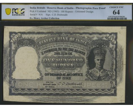 Reserve Bank of India, a Nasik Press archival photograph showing an obverse design for 100 Rupees, ND (1943), featuring a fac