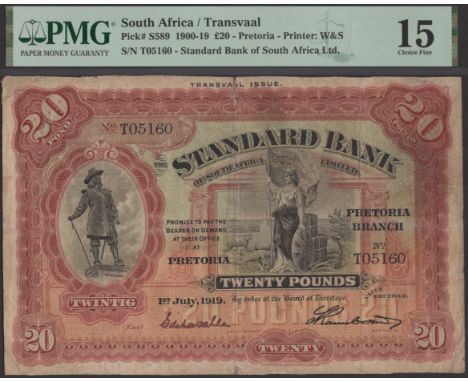 Standard Bank of South Africa Limited, Transvaal Issue, £20, 1 July 1919, serial number T05160, two manuscript signatures, ta