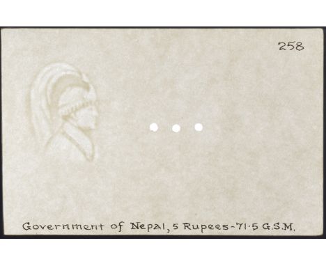 Government of Nepal, watermarked paper (2) for 5 Rupees, as used for the first issue, 1945, and second issue, 1953, glued int