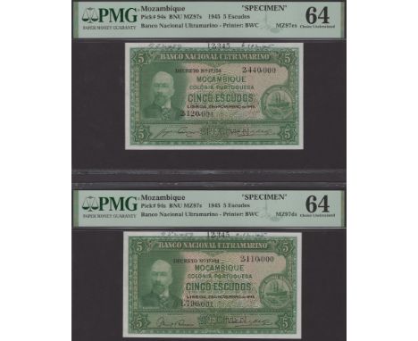 Banco Nacional Ultramarino, Mozambique, printers’ archival specimens for 5 Escudos (2), 29 November 1945, serial number range