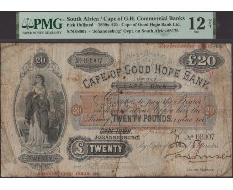 Cape of Good Hope Bank, Johannesburg Issue, £20, 15 January 1890, serial number 08907, two manuscript signatures, Cape Town s