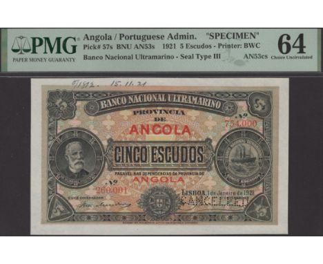 Banco Nacional Ultramarino, Angola, printers archival specimen 5 Escudos, 1 January 1921, serial number range 260001 to 75400