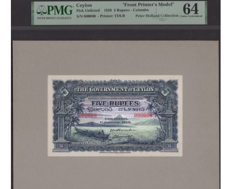Central Bank of Ceylon, obverse and reverse De La Rue essays on board showing unused designs for 5 Rupees, 1 January 1928, se