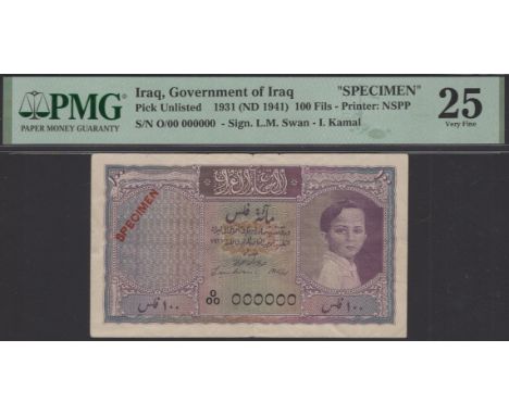 Government of Iraq, specimen 100 Fils, 1931 (1941), serial number O/00 000000, mauve on multicoloured underprint, portrait of