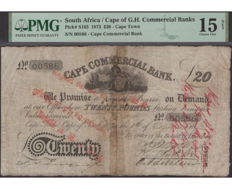 Cape Commercial Bank, £20, 1 September 1873, serial number 00586, several manuscript signatures, repayment and cancellations 