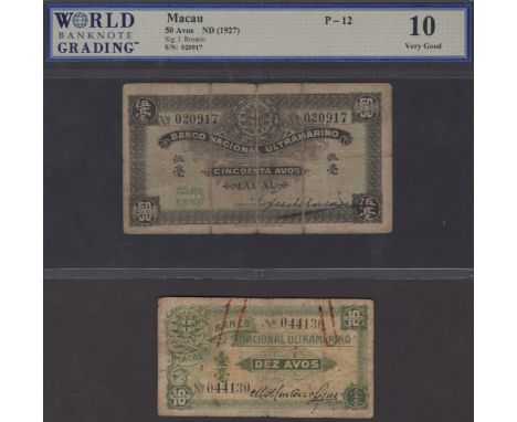 Banco Nacional Ultramarino, 10 Avos, ND (1922), serial number 044130, Lopes signature, also 50 Avos, ND (1957), serial number