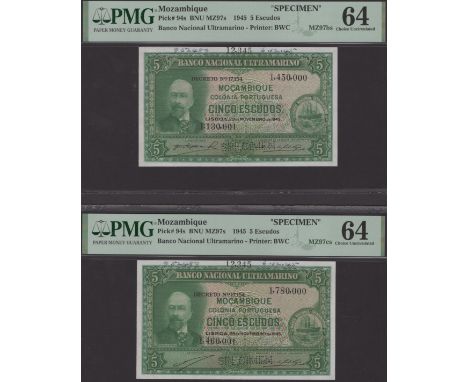 Banco Nacional Ultramarino, Mozambique, printers’ archival specimens for 5 Escudos (2), 29 November 1945, serial number range