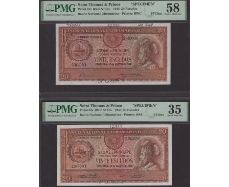 Banco Nacional Ultramarino, St Thomas & Prince, printers’ archival specimens for 20 Escudos (2), 12 August 1946, serial numbe