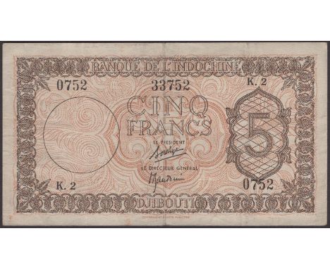 Banque de l’Indochine, French Somaliiand, 5 Francs, ND (1945), serial number K.2 0752, Borduge and Baudouin signatures, about