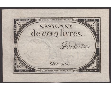 Republique Francais, Assignat, unissued 5 Livres, 31 October 1793, series 8103, signature of by Jean Baptiste Drouet, who was