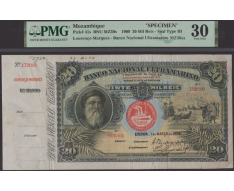 Banco Nacional Ultramarino, Mozambique, printers’ archival specimen 20 Mil Reis, 1 March 1909, serial number range 172001 to 