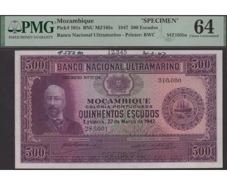 Banco Nacional Ultramarino, Mozambique, printers’ archival specimens for 500 Escudos (2), 27 March 1947, serial number ranges