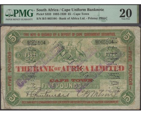 Bank of Africa Limited, cancelled £5, 20 August 1909, serial number B/5 065104, two manuscript signatures, cancelled with pur