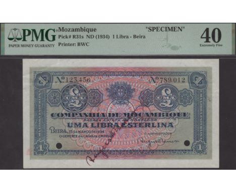 Companhia de Mocambique, specimen 1 Libra Esterlina, 15 March 1934, serial numbers 123456 and 789012, manuscript signature of