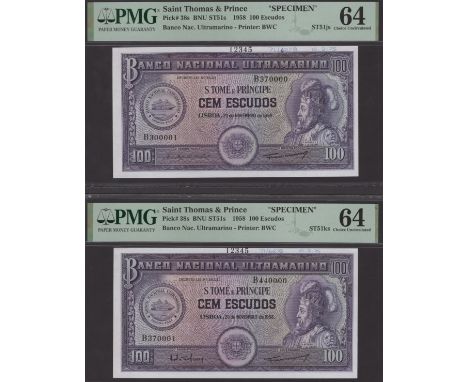 Banco Nacional Ultramarino, St Thomas & Prince, printers’ archival specimens for 100 Escudos (3), 20 November 1958, serial nu
