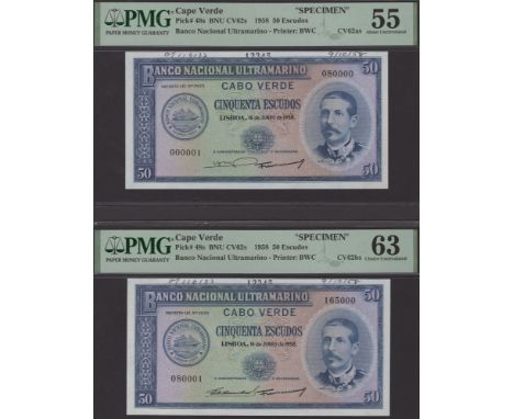 Banco Nacional Ultramarino, Cape Verde, printers’ archival specimens for 50 Escudos (3), 16 June 1958, serial number ranges 0
