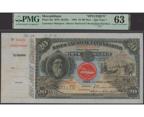 Banco Nacional Ultramarino, Mozambique, printers’ archival specimen 20 Mil Reis, 1 March 1909, serial number range 159501 to 