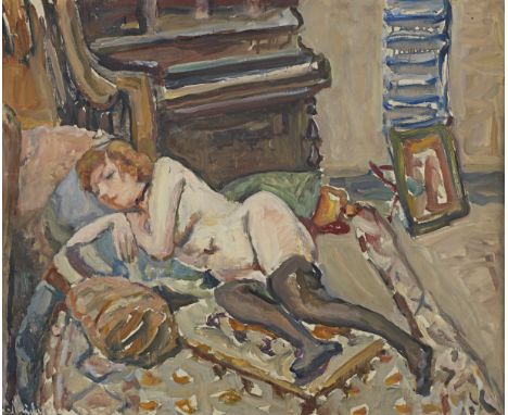 Vladimir Naiditch (Russian, 1903-1980)Nu aux bas noirs signed 'V. Naiditch' (lower left)oil on canvas60 x 73cm (23 5/8 x 28 3