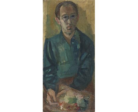 Max Band (Lithuanian , 1900-1974)Self-portrait with palette signed 'Max Band' (lower right)oil on canvas94 x 43.5cm (37 x 17 