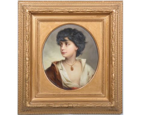 Dresden style oval plaque, A child, after Jean-Baptiste Greuze, possibly over a print foundation, 27x23cm, oval, framed.