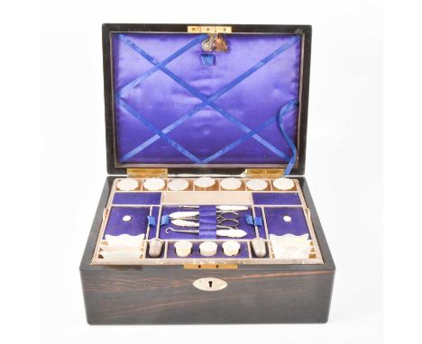 Victorian coromandel sewing box, rectangular form, well fitted interior with mother of pearl and bone sewing accessories, but
