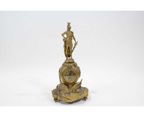 19th Century gilt metal mantel clock, warrior surmount, circular dial, flanked cloisonne enamel mounts, cylinder movement, 38