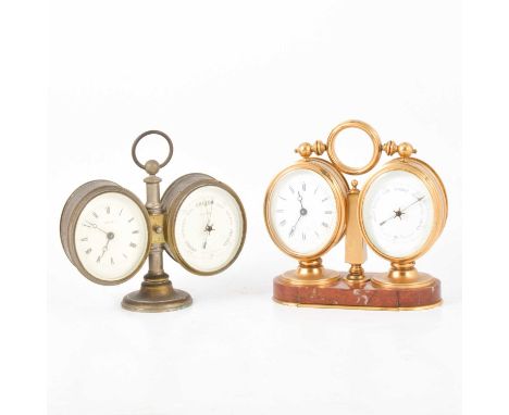 French gilt brass and marble desk clock and barometer, variegated marble plinth, 16.5cm; and another similar clock and barome