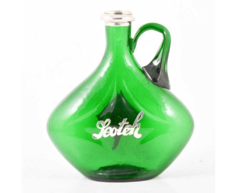 Early 20th century emerald glass and white-metal 'Scotch' whisky decanter, the flattened body inlaid to one face with 'Scotch