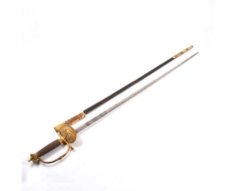 Victorian Officer's court sword, 76c, engraved blade, gilt brass handle and guard with VR cypher, wire bound grip, coronet po