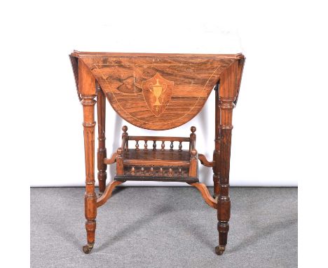 Victorian rosewood and marquetry occasional table, square top inlaid with central fan and fan spandrels, four shaped drop lea