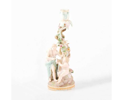 Dresden porcelain candlestick, acanthus leaf sconce, scrolled floral encrusted column, circular base modelled with lady and c