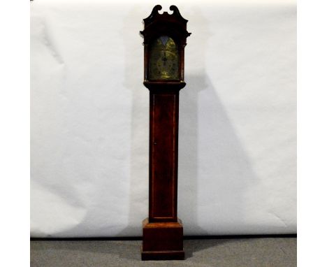 Walnut longcase clock, later swan neck pediment, pierced frieze, three quarter engaged columns, long door, bracket feet, ten 