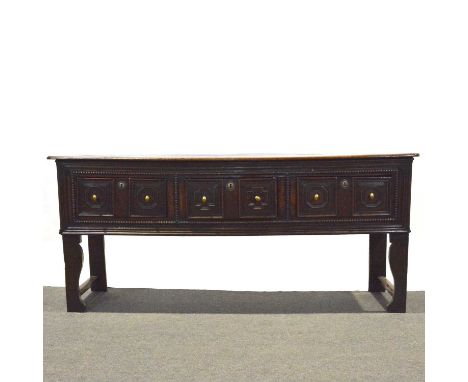 Joined oak dresser base, 18th Century, rectangular boarded top, three drawers with applied mouldings surrounded by beading, s