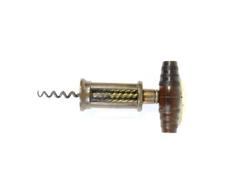 Thomason type corkscrew, turned wooden handle, double action, brass cage barrel, steel worm, 17cm.Condition report:This is ma