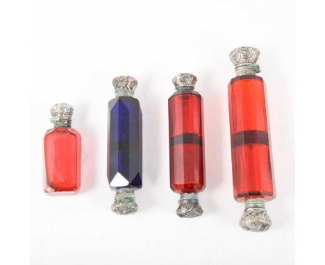 Victorian blue tinted glass scent bottle, double ended with metal mounts, 10cm, and three Victorian ruby glass scent bottles,