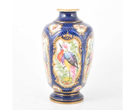 Worcester style vase, probably Samson, hexagonal form, painted with panels of exotic birds, on a scale blue ground, unmarked,