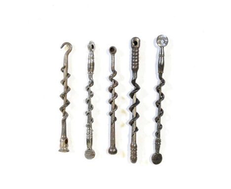 Five peg and worm corkscrews, one with a button hook end, another marked Crumps all cream crackers.Qty: 5