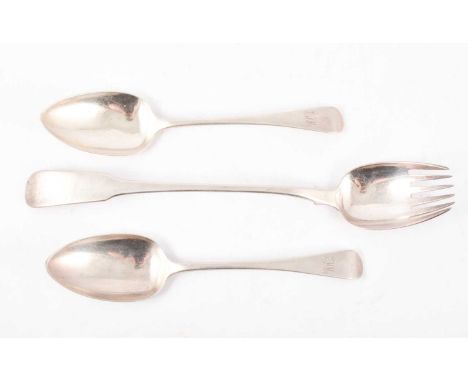 Silver serving fork, makers mark worn, London 1796, fiddle pattern handle, 30cm, and a pair of silver table spoons, Richard C