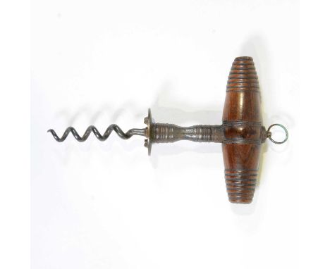 Samuel Henshall type corkscrew, turned wooden handle, ringed and waisted stem, button marked Patent Improved with four spurs 