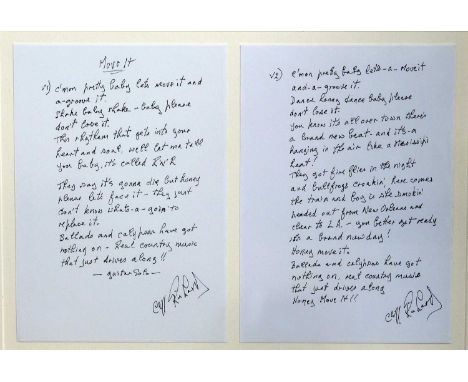 Sir Cliff Richard signed memorabilia; spanning his prolific career; from handwritten lyrics to his first 1958 hit single Move