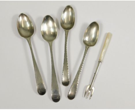 SPOONS ETC. Two pairs of feather edge teaspoons &amp; small fork with mother of pearl handle.