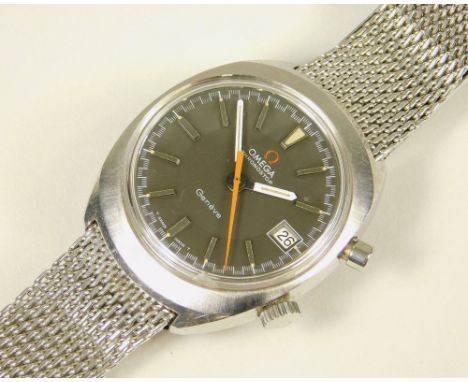 OMEGA. A gentleman's stainless steel Omega Chronostop wristwatch, c. 1972. The black dial with baton numerals, sweep seconds 