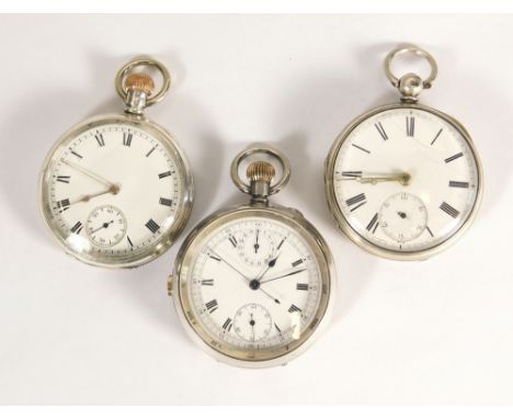 POCKET WATCHES. A silver cased pocket watch with twin subsidiary dials & sweep seconds hand. Also, two other silver cased poc