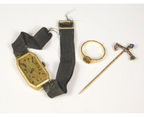 STICK PIN ETC. A stick pin, a Victorian scrap yellow metal ring &amp; a scrap yellow metal wristwatch.