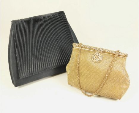 EVENING BAGS. A 1950's black silk evening bag &amp; a paste set gilt mesh evening bag. (Chain repaired).