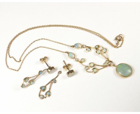 OPAL SUITE. A 9ct. gold necklace set opals &amp; three small diamonds. Also a pair of opal ear drops with oval studs &amp; re